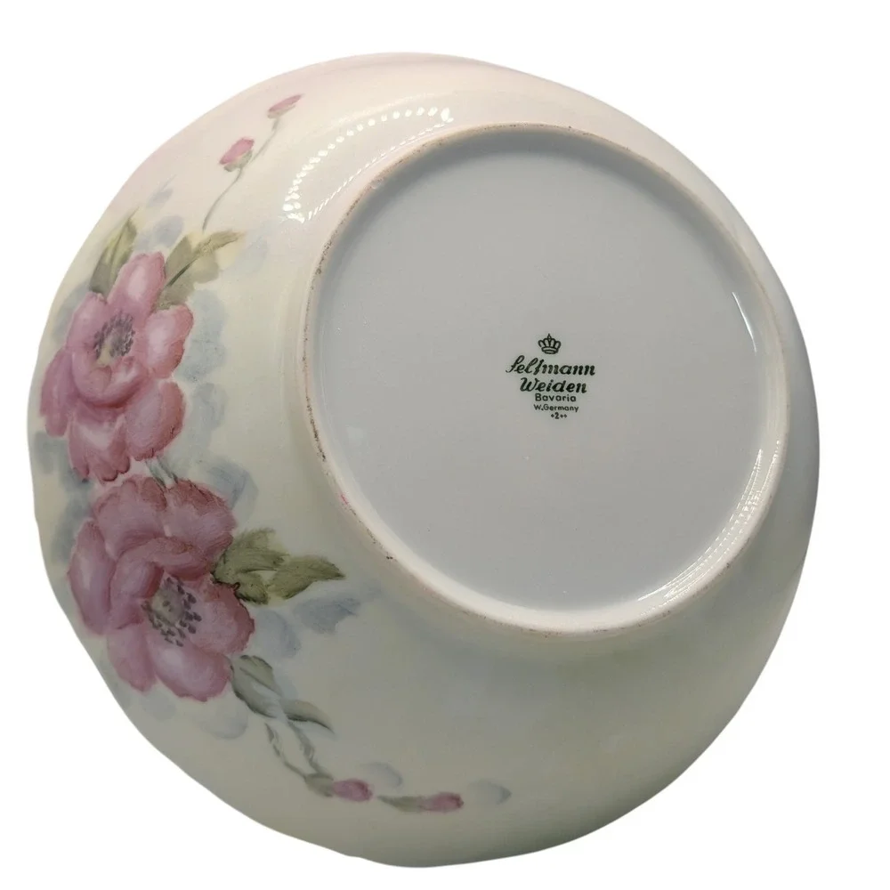 Vintage Seltmann Weiden Serving Bowl Green‎ Pink Floral Hand Painted Nine in SEE